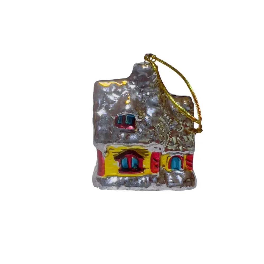 VTG Ceramic Christmas Tree Village House Metallic Glaze‎ Red Yellow Ornament